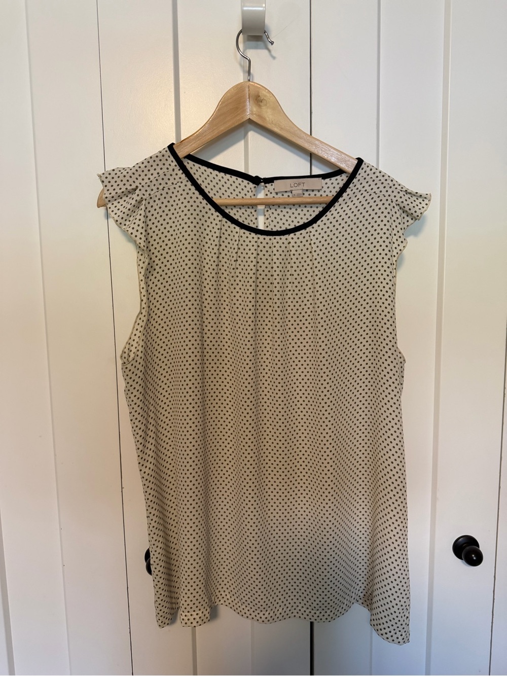 LOFT Cream Polka Dot Cap Sleeve Shell with Black Trim